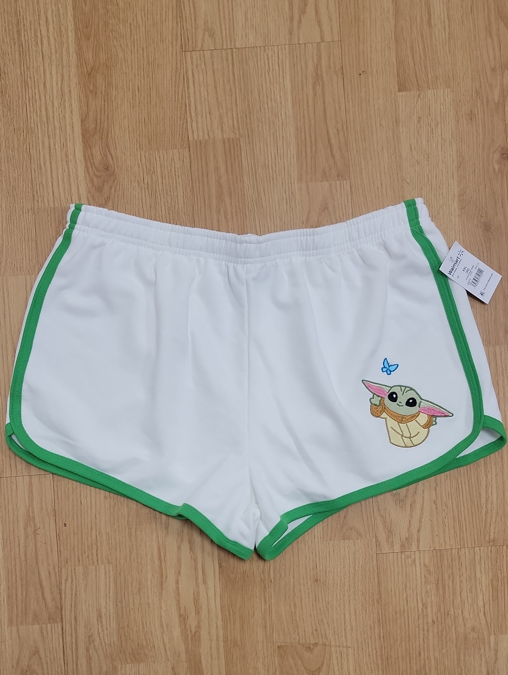 Star Wars White Athletic Shorts with Green Trim and Grogu Embroidery